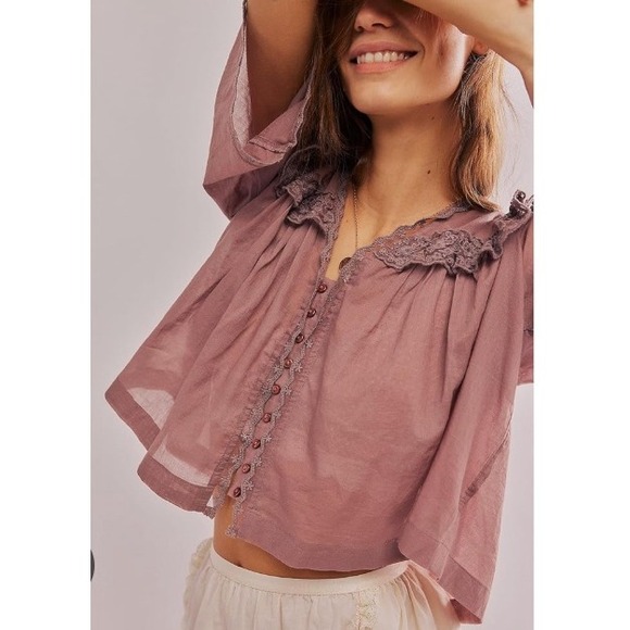 Free People Tops - Free People Sexy Low Cut Chiffon Shirt XS Lace Button Front Top Blouse